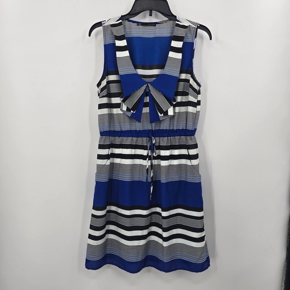 Maurices Dress Womens‎ Large Blue Black White Striped Bow V-Neck Pocket